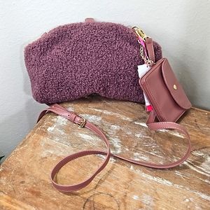 Isaac Mizrahi purple Sherpa cozy crossbody with card case